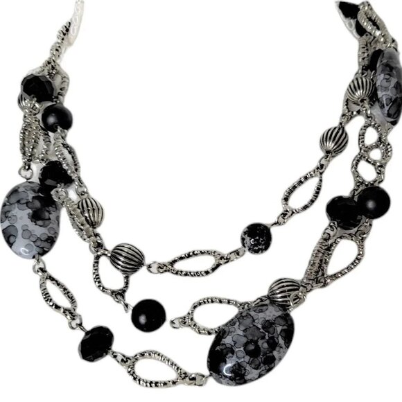 RMN Multi-Strand Necklace Black Gray Acrylic Beads Silver Tone 19-22" - Picture 2 of 4